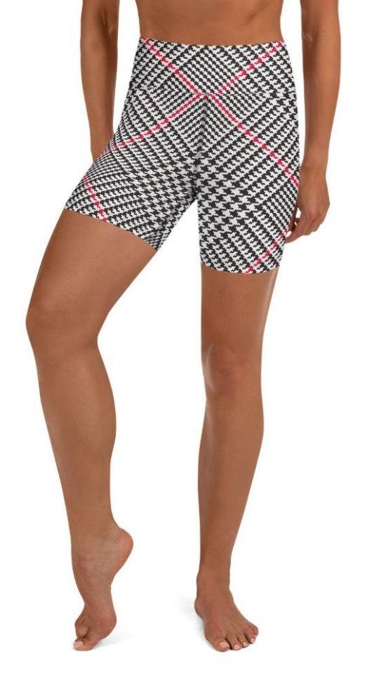Red Houndstooth Plaid Yoga Shorts