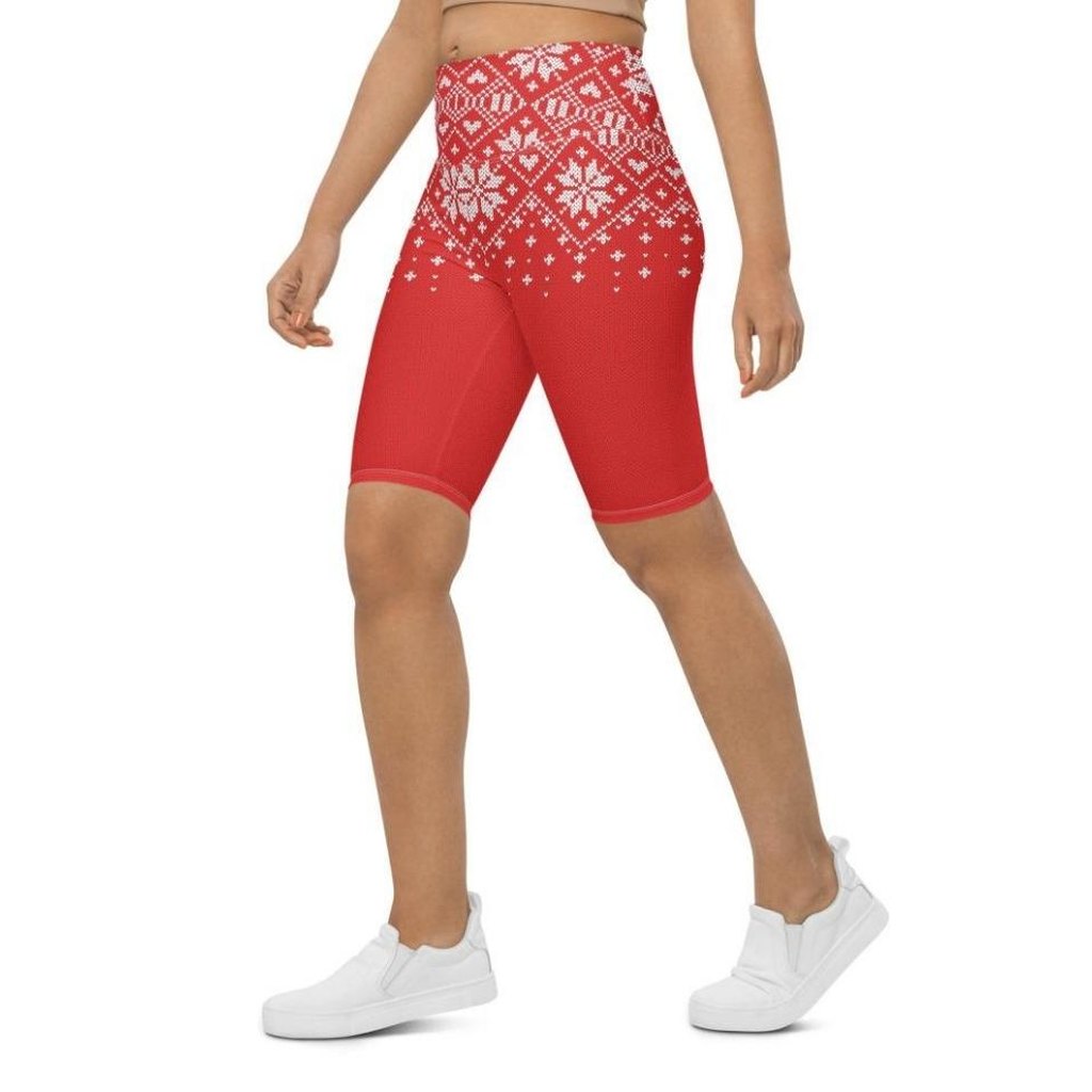 Red Knitted Print Christmas Biker Shorts