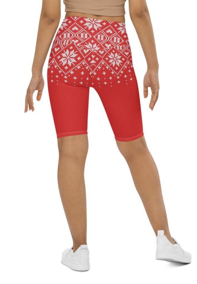 Red Knitted Print Christmas Biker Shorts