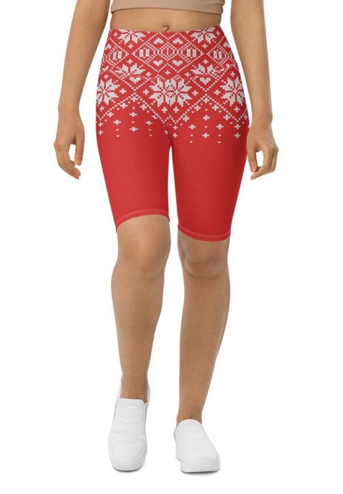 Red Knitted Print Christmas Biker Shorts