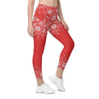 Red Knitted Print Christmas Crossover Leggings With Pockets
