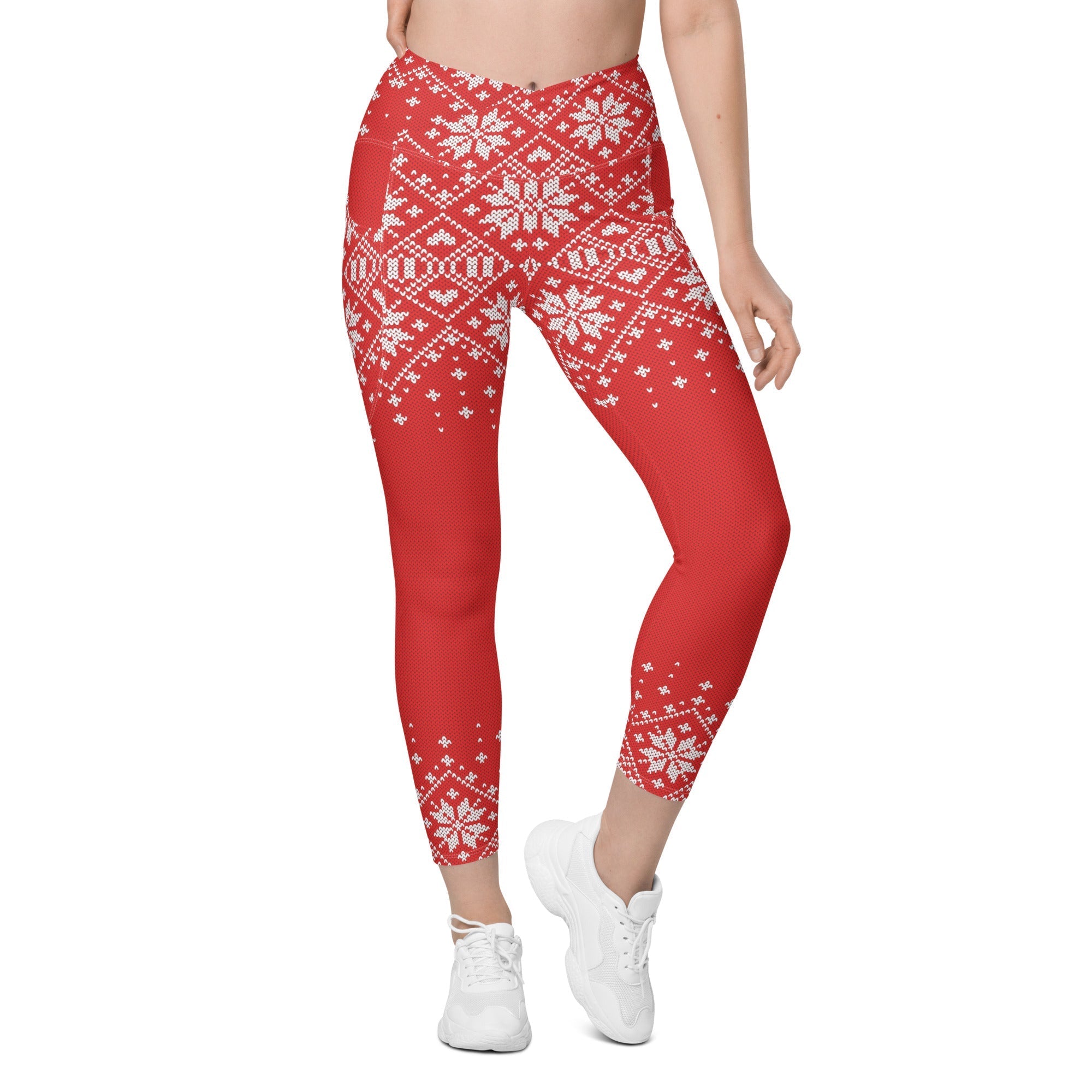 Red Knitted Print Christmas Crossover Leggings With Pockets