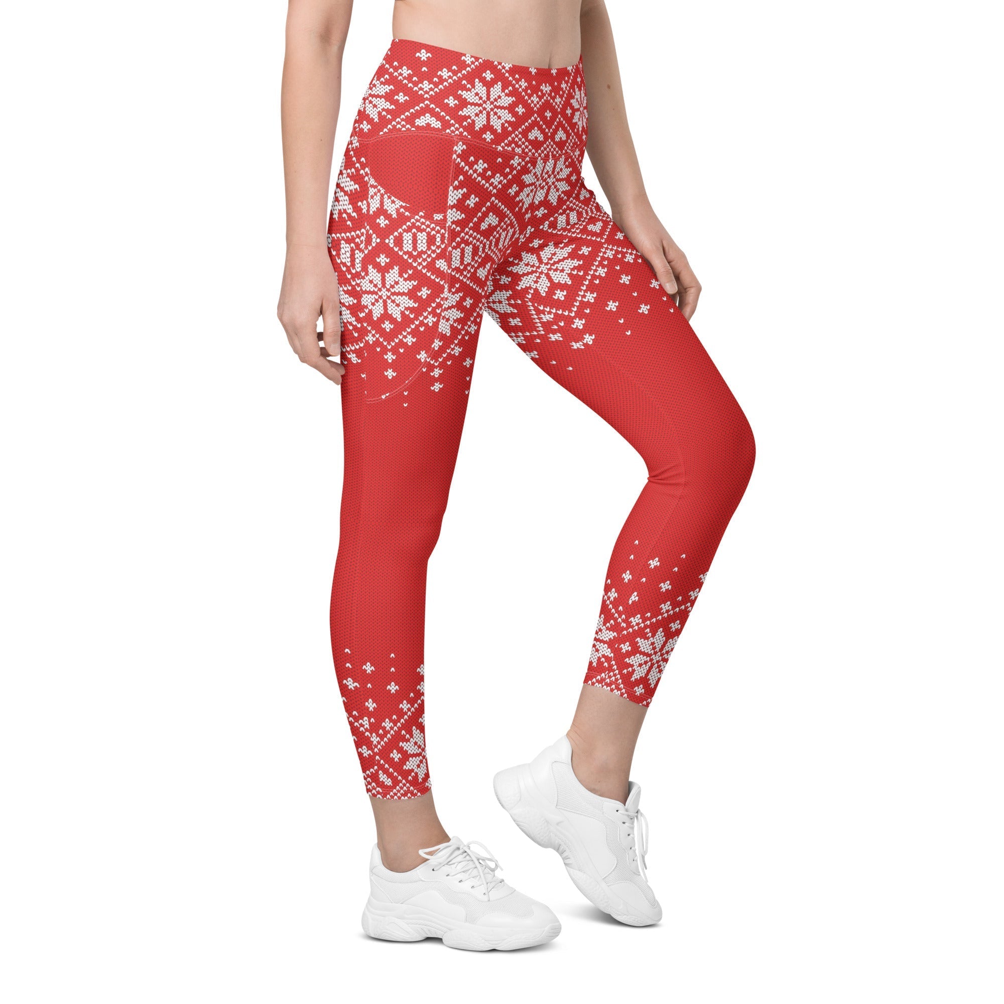 Red Knitted Print Christmas Leggings With Pockets