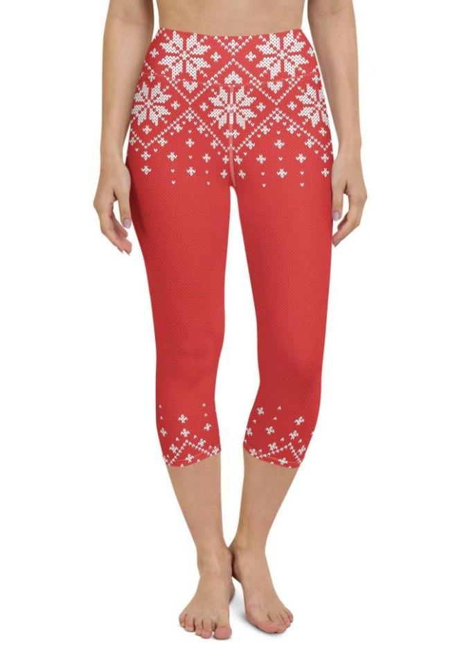Red Knitted Print Christmas Yoga Capris