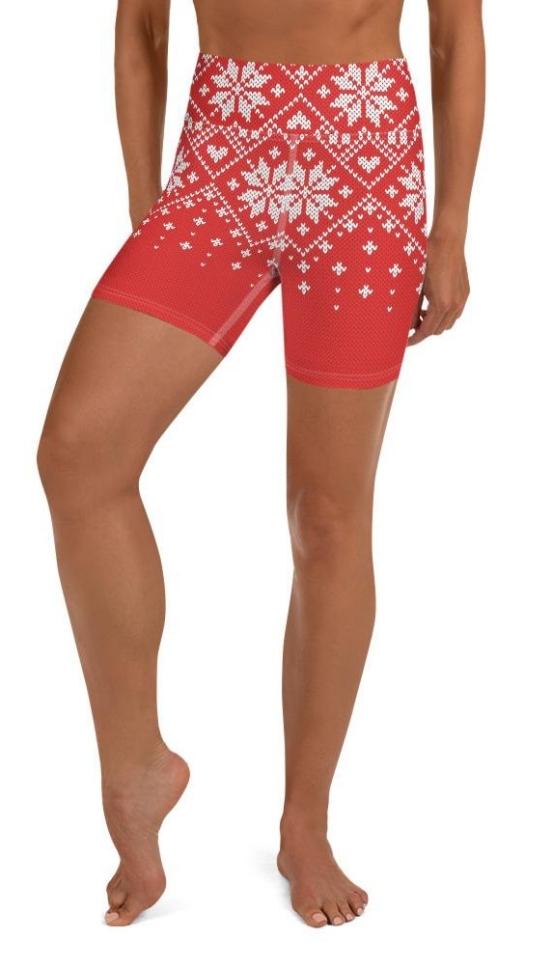 Red Knitted Print Christmas Yoga Shorts