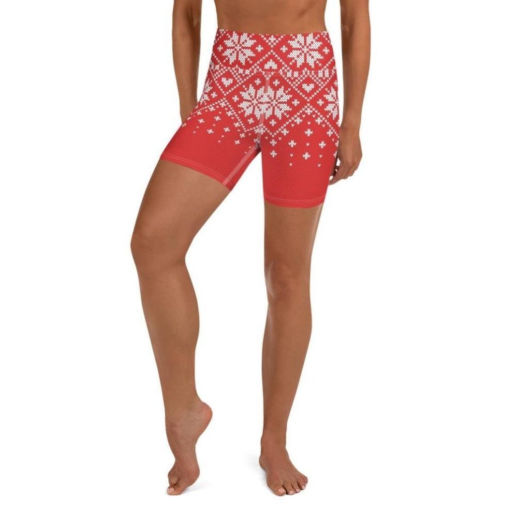 Red Knitted Print Christmas Yoga Shorts