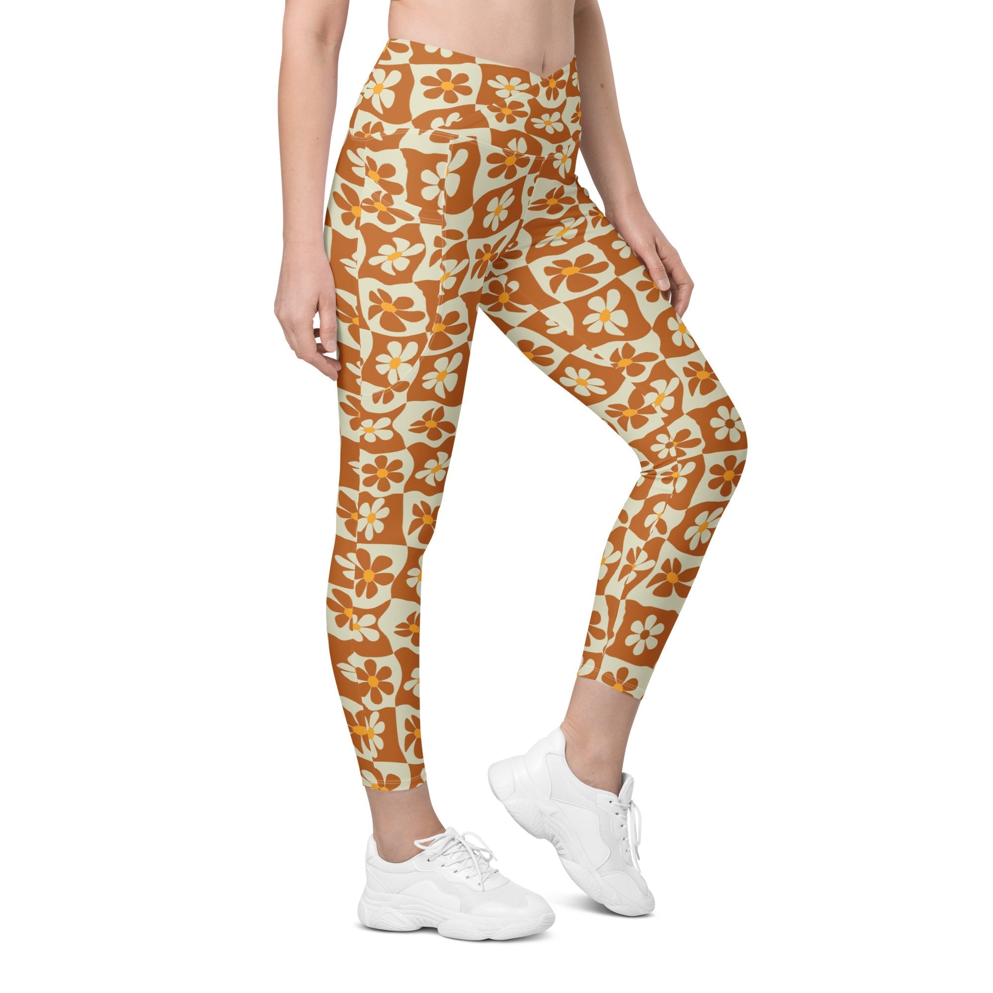 Retro Flower Checkerboard Crossover Leggings With Pockets