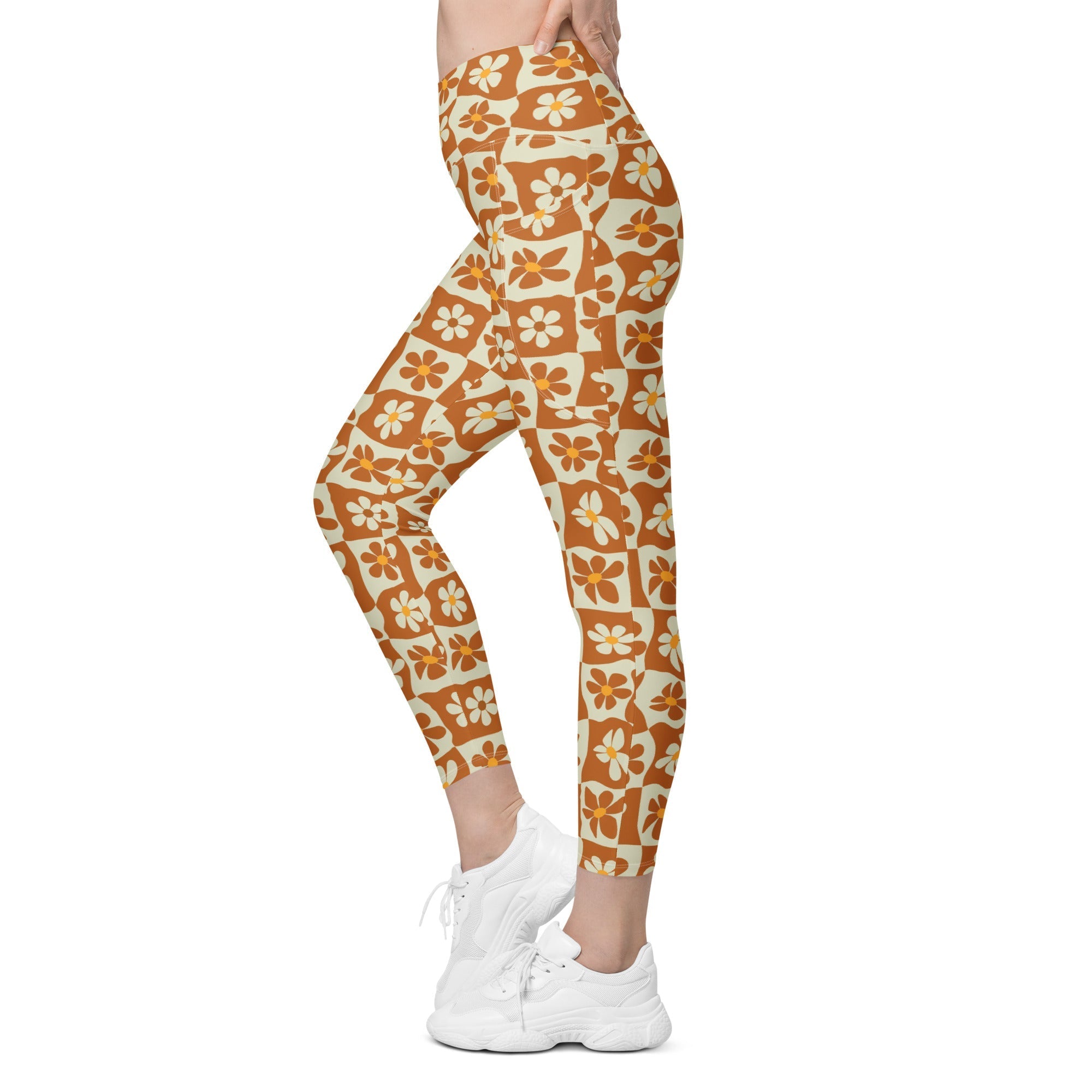 Retro Flower Checkerboard Crossover Leggings With Pockets