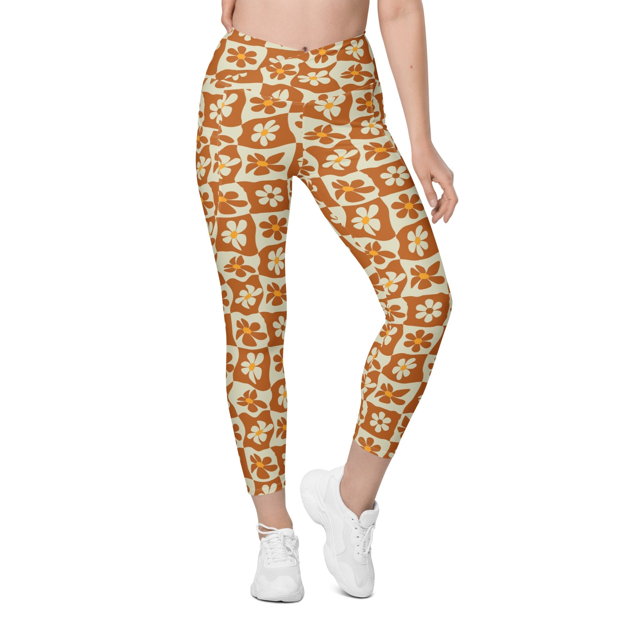 Retro Flower Checkerboard Crossover Leggings With Pockets