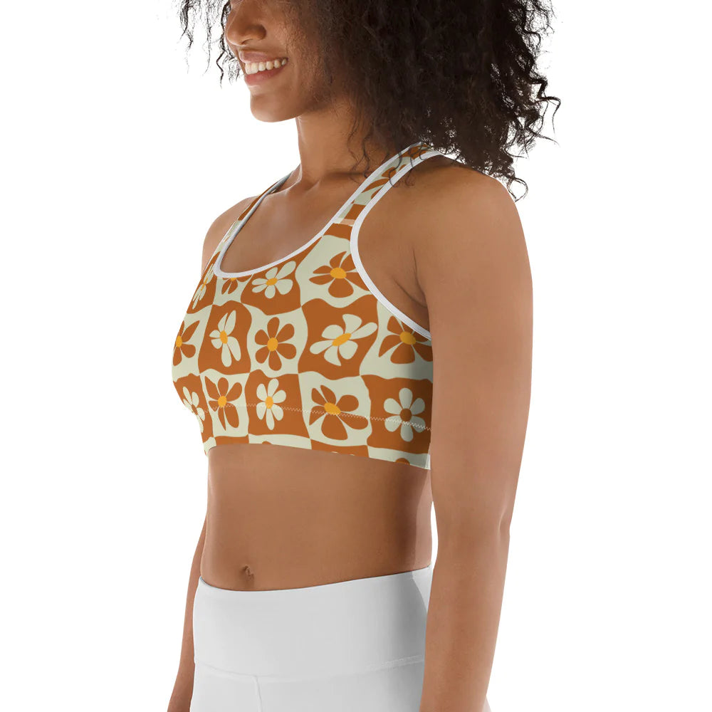Retro Flower Checkerboard Sports Bra