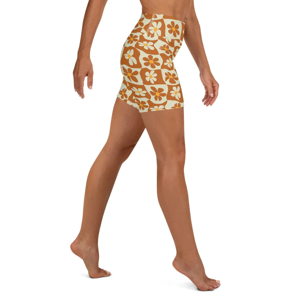 Retro Flower Checkerboard Yoga Shorts
