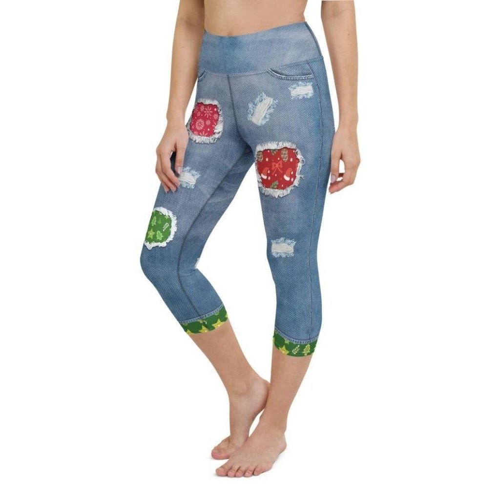 Ripped Denim Christmas Yoga Capris
