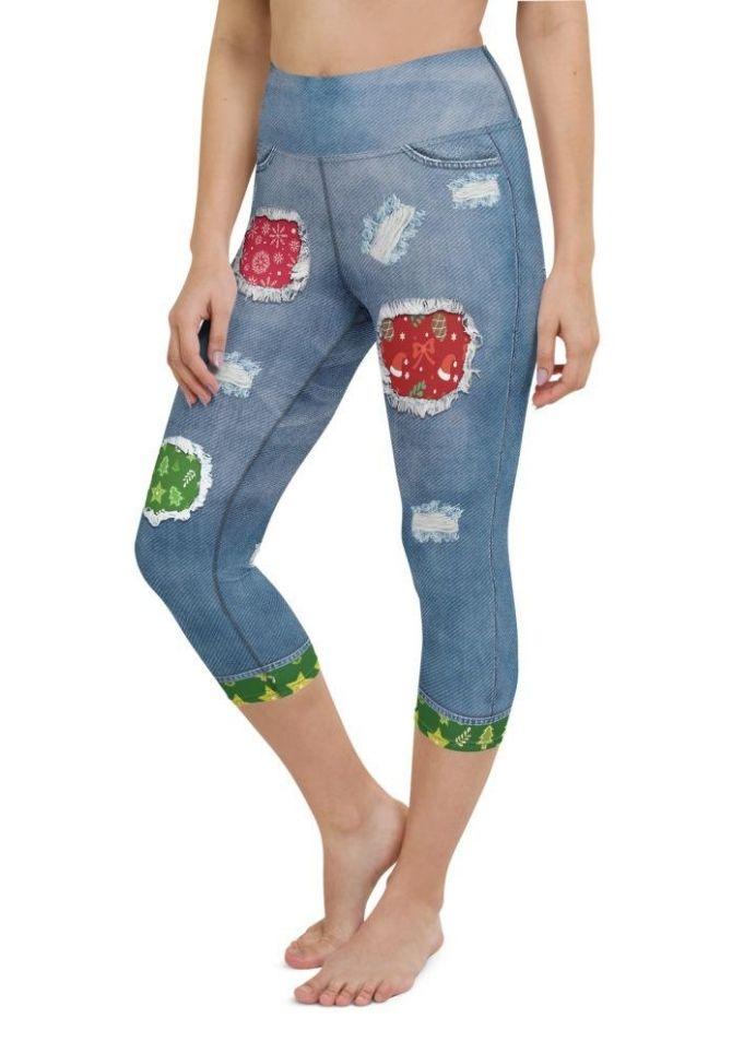 Ripped Denim Christmas Yoga Capris