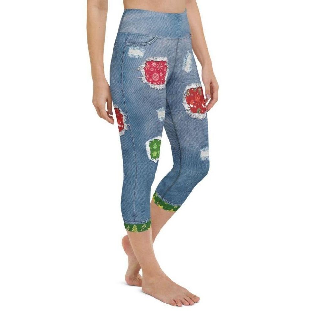 Ripped Denim Christmas Yoga Capris