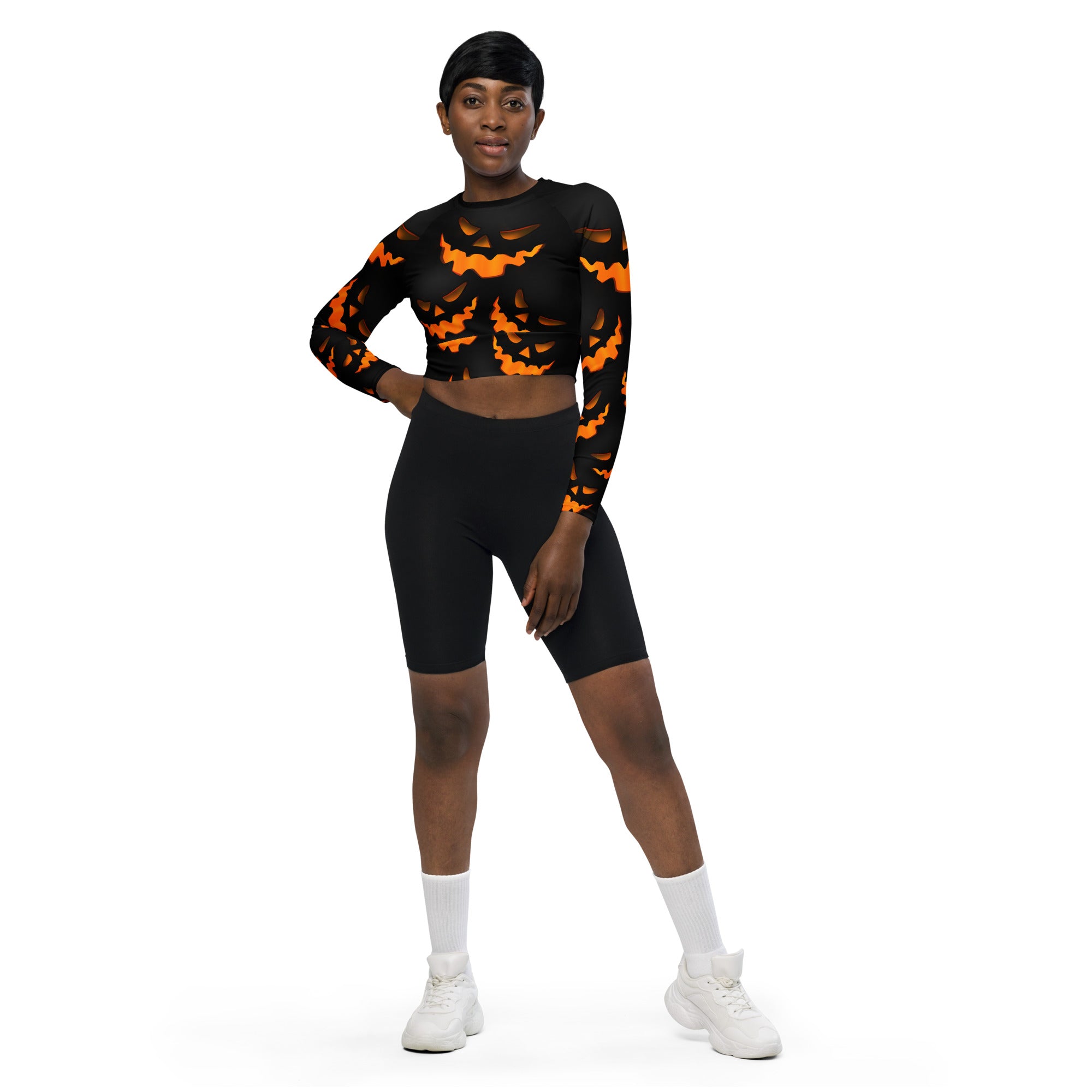 Spooky Pumpkin Halloween Recycled Long-sleeve Crop Top