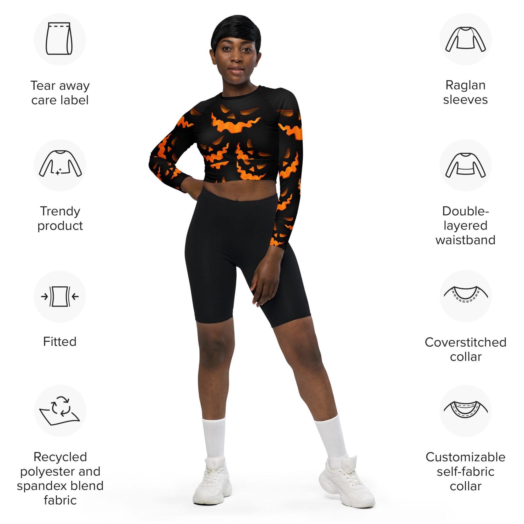 Spooky Pumpkin Halloween Recycled Long-sleeve Crop Top