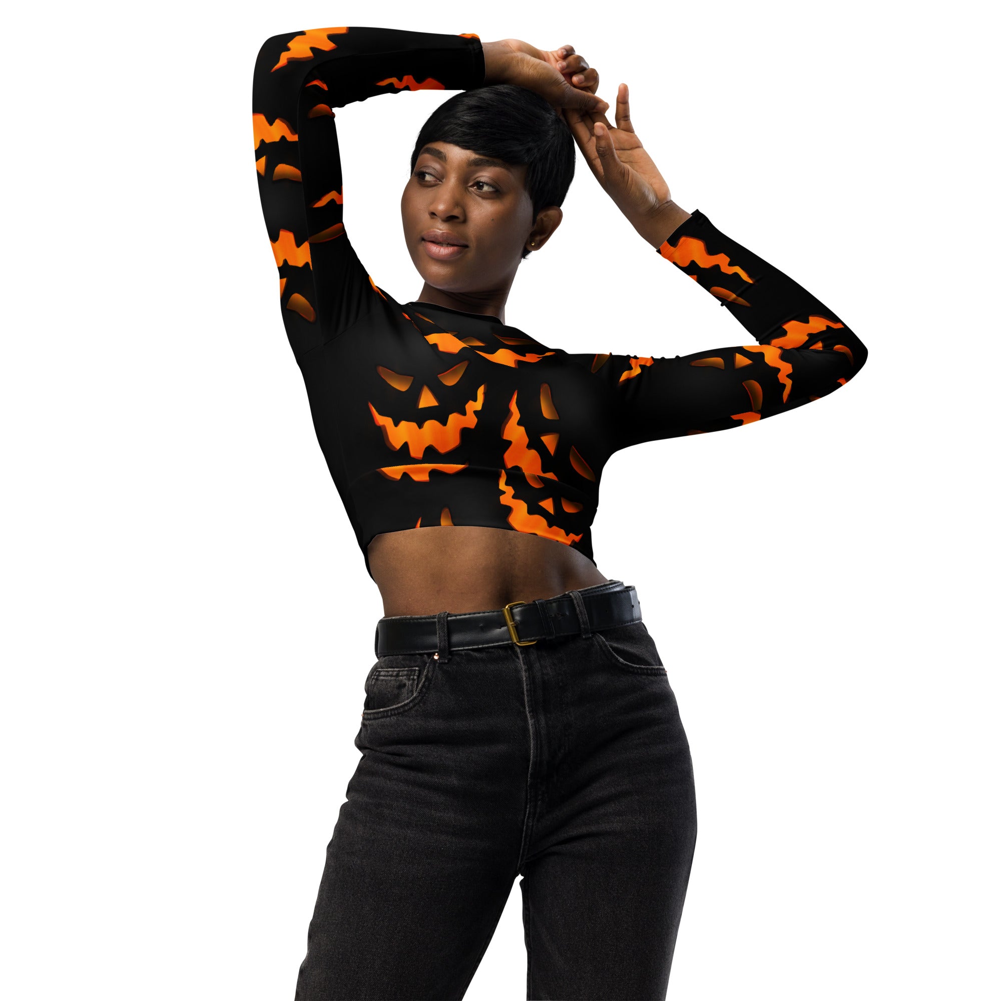 Spooky Pumpkin Halloween Recycled Long-sleeve Crop Top
