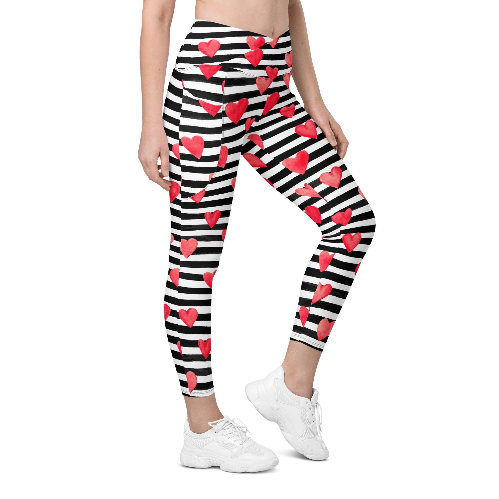 Stripes & Hearts Crossover Leggings With Pockets