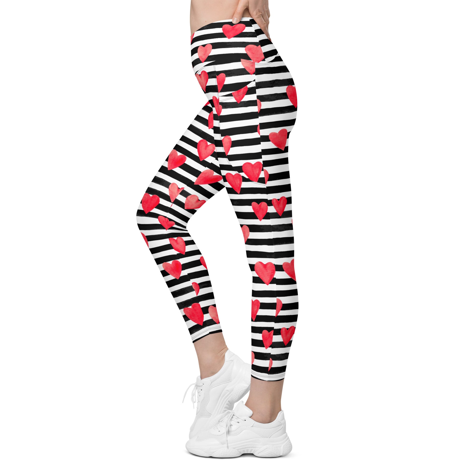 Stripes & Hearts Crossover Leggings With Pockets