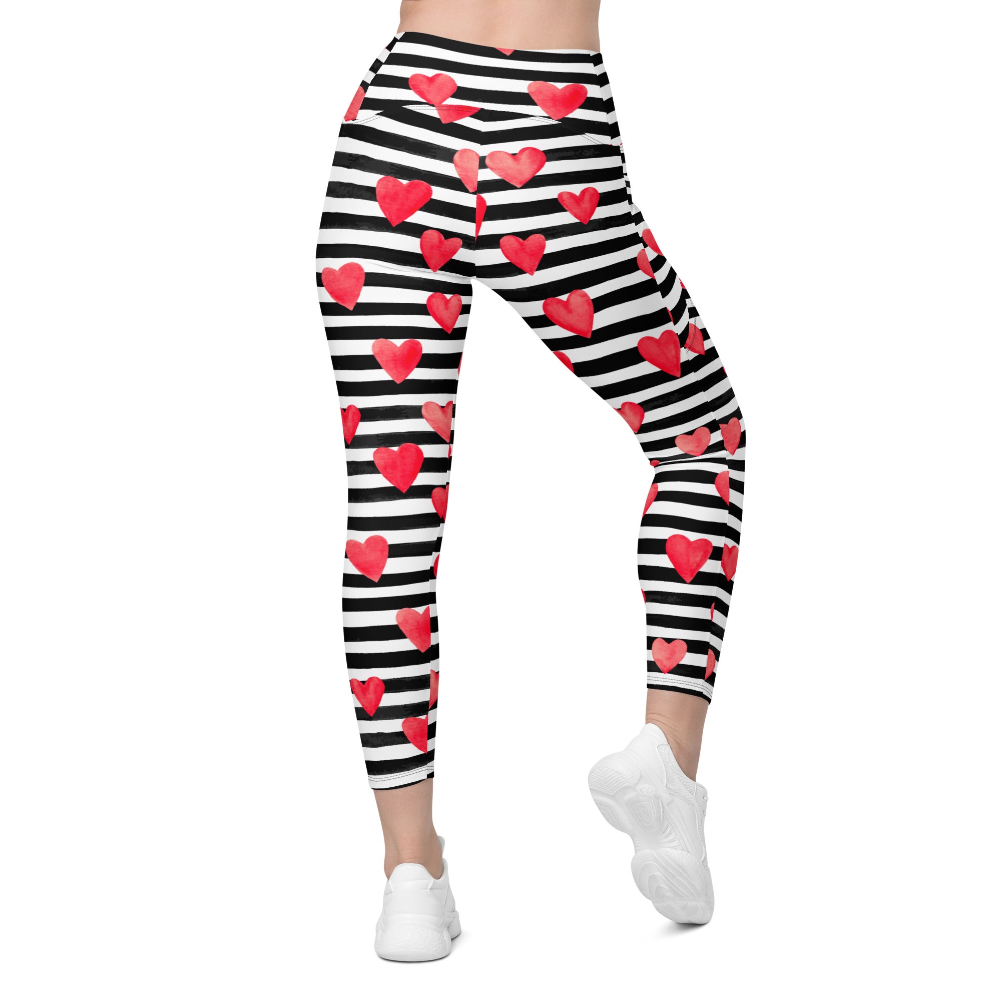 Stripes & Hearts Crossover Leggings With Pockets