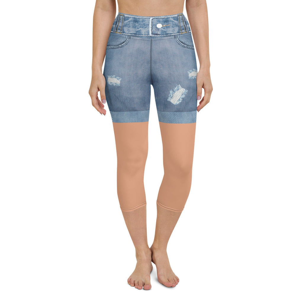 Tan Tone Denim Shorts Yoga Capris