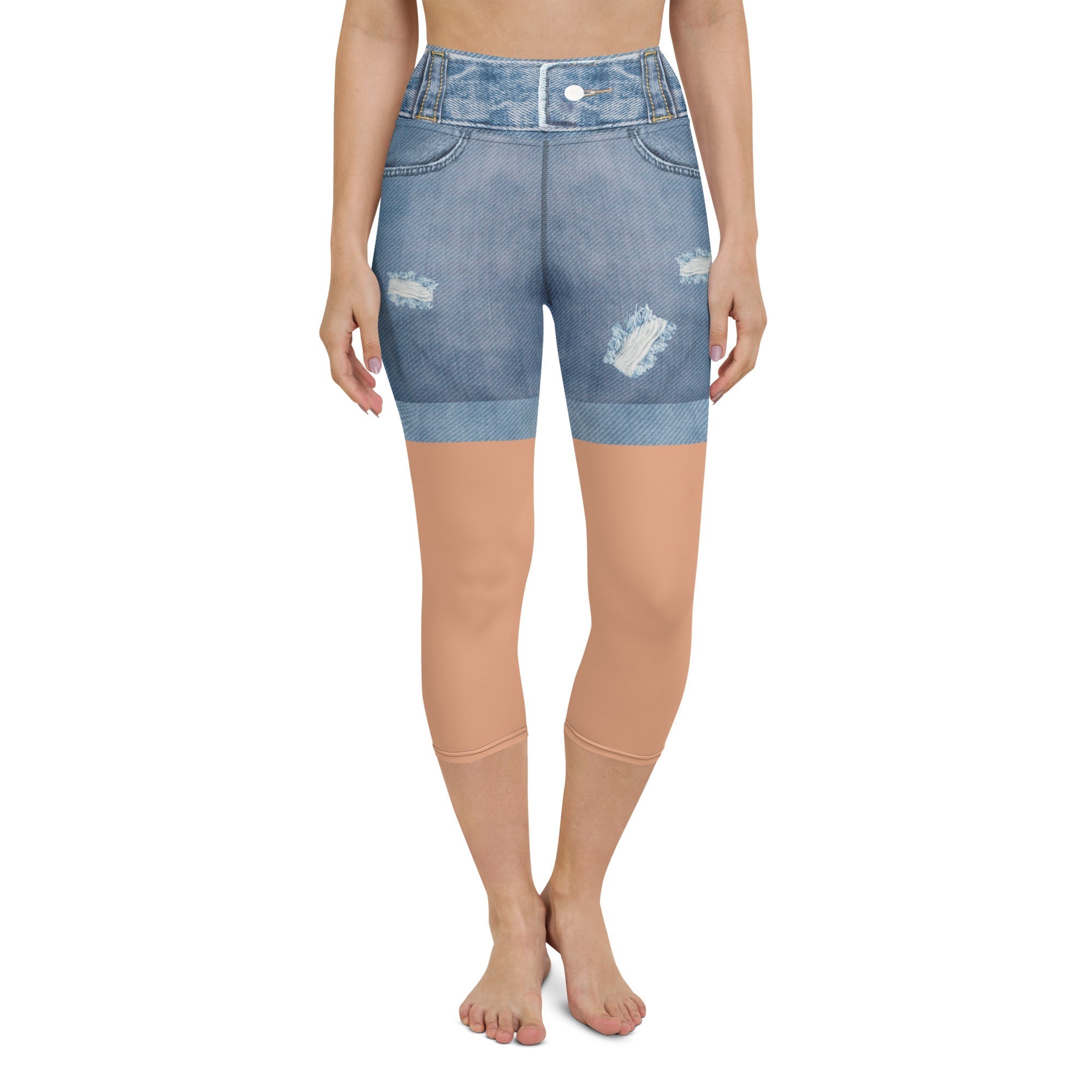 Tan Tone Denim Shorts Yoga Capris