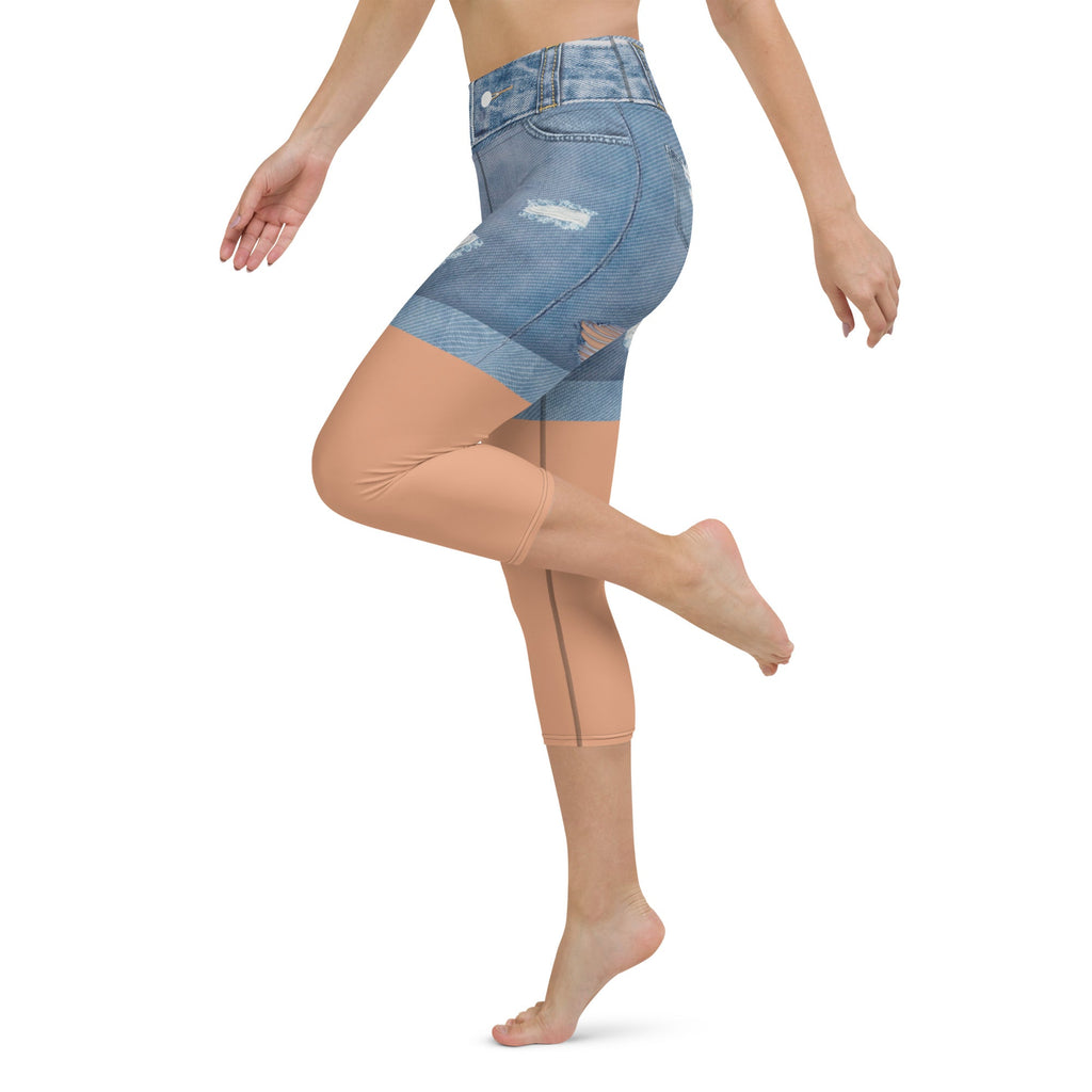 Tan Tone Denim Shorts Yoga Capris