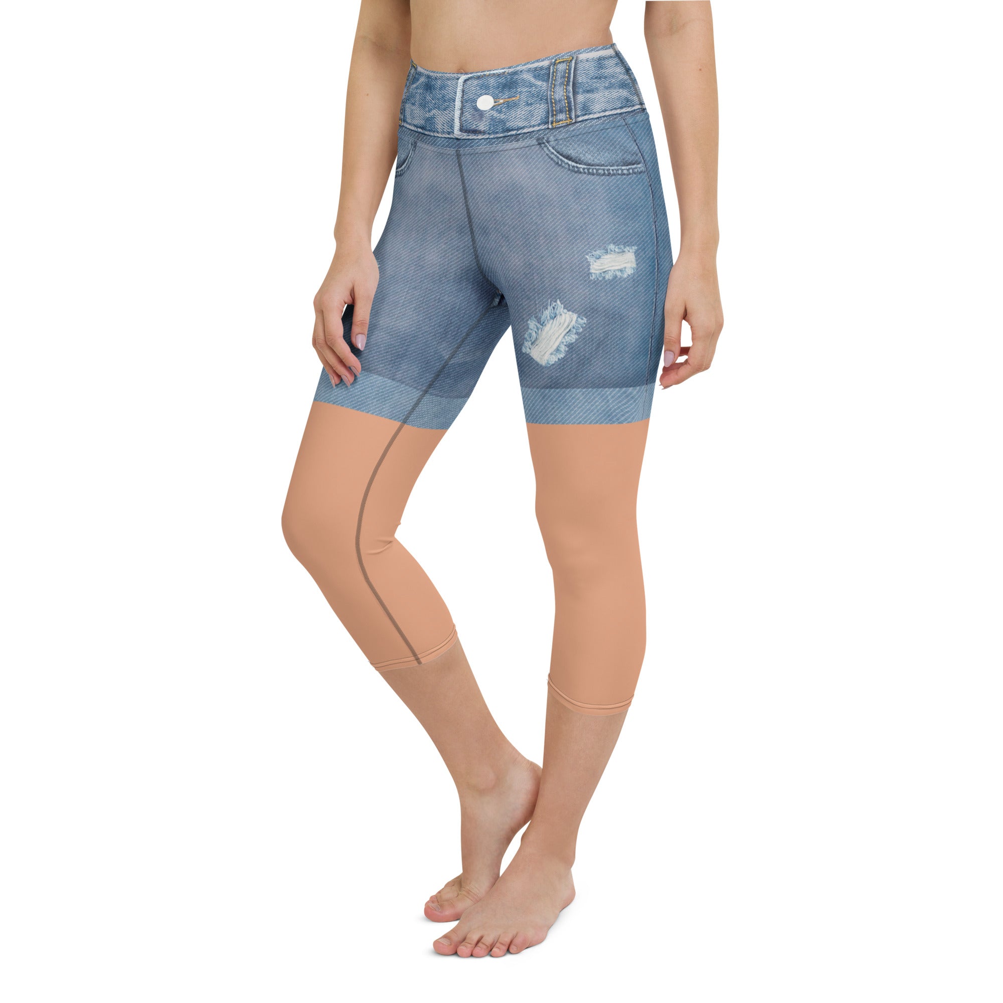 Tan Tone Denim Shorts Yoga Capris