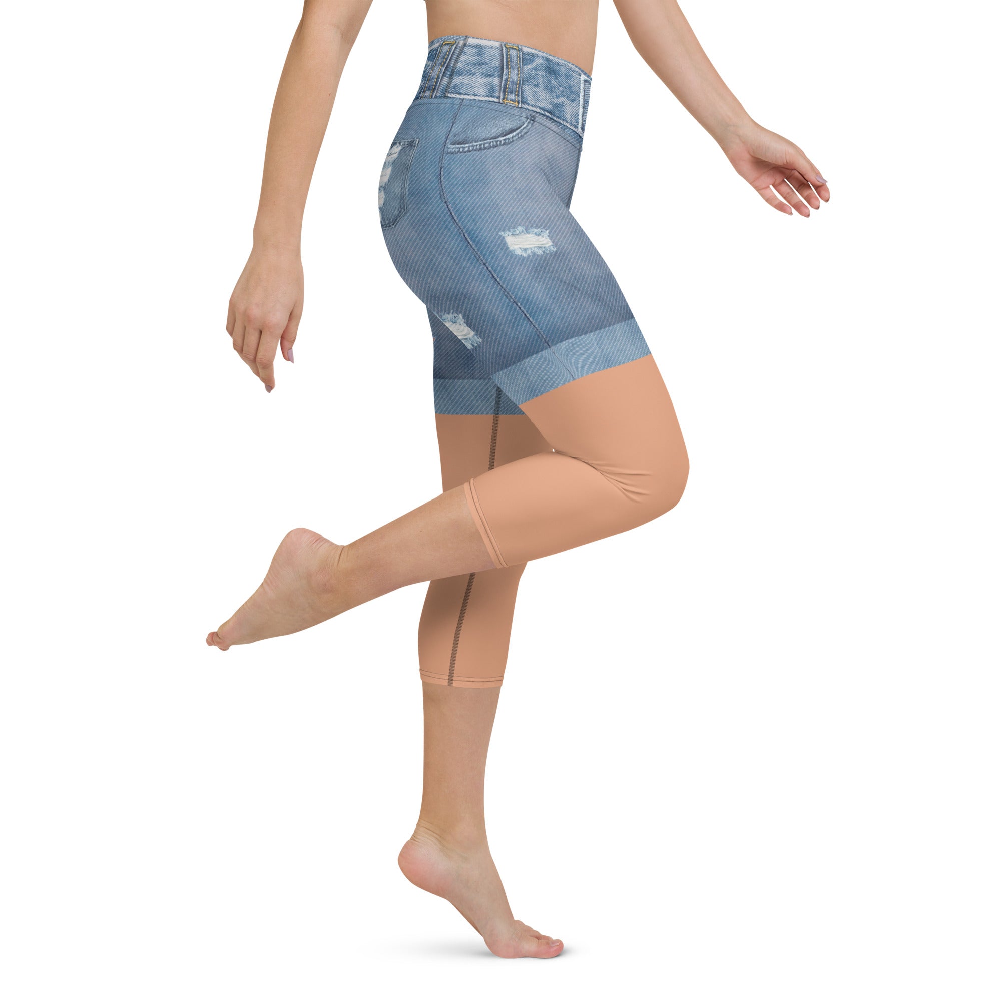 Tan Tone Denim Shorts Yoga Capris