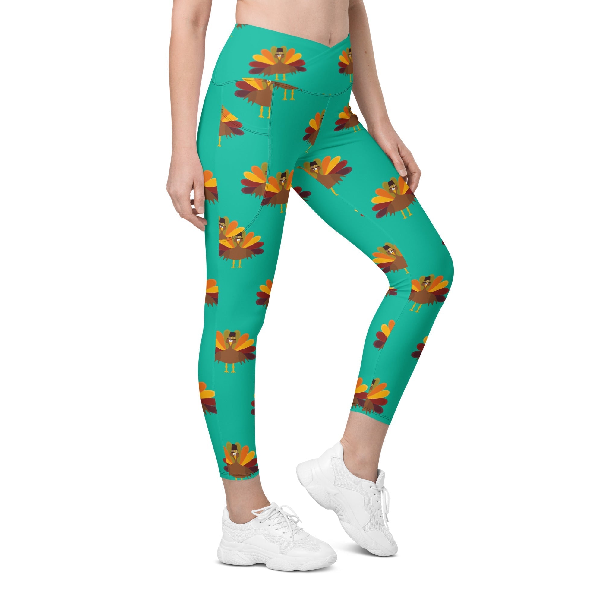 Thanksgiving Turkey Print Crossover Leggings With Pockets