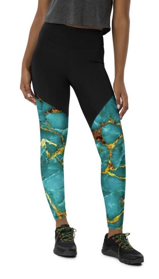Turquoise & Gold Marble Compression Leggings