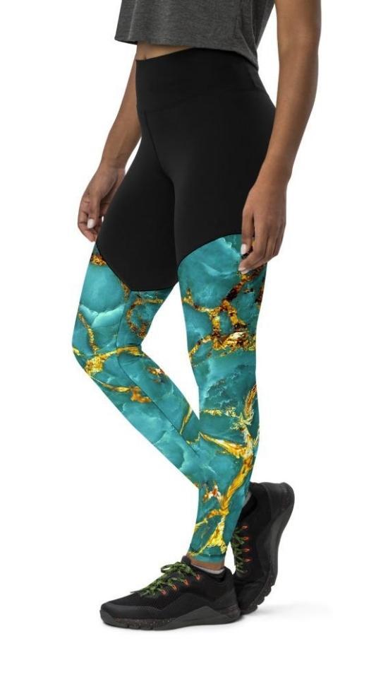 Turquoise & Gold Marble Compression Leggings