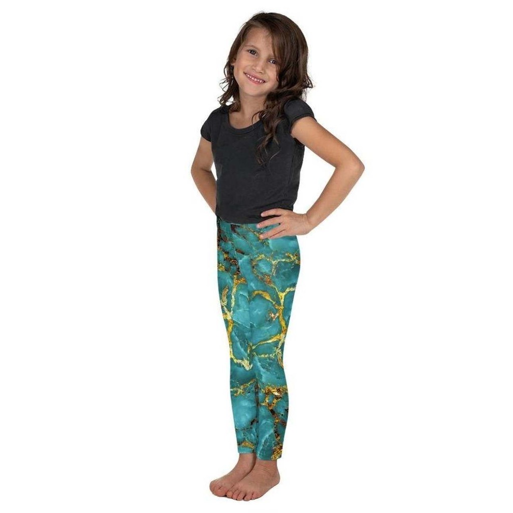 Turquoise & Gold Marble Kid's Leggings