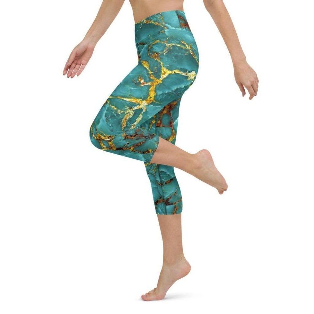 Turquoise & Gold Marble Yoga Capris