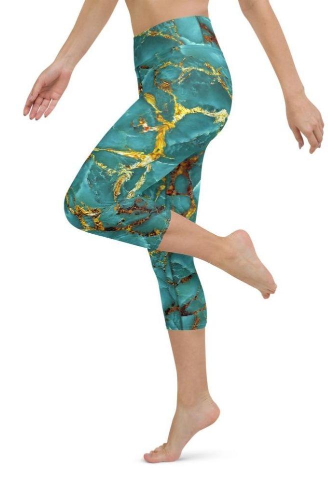 Turquoise & Gold Marble Yoga Capris