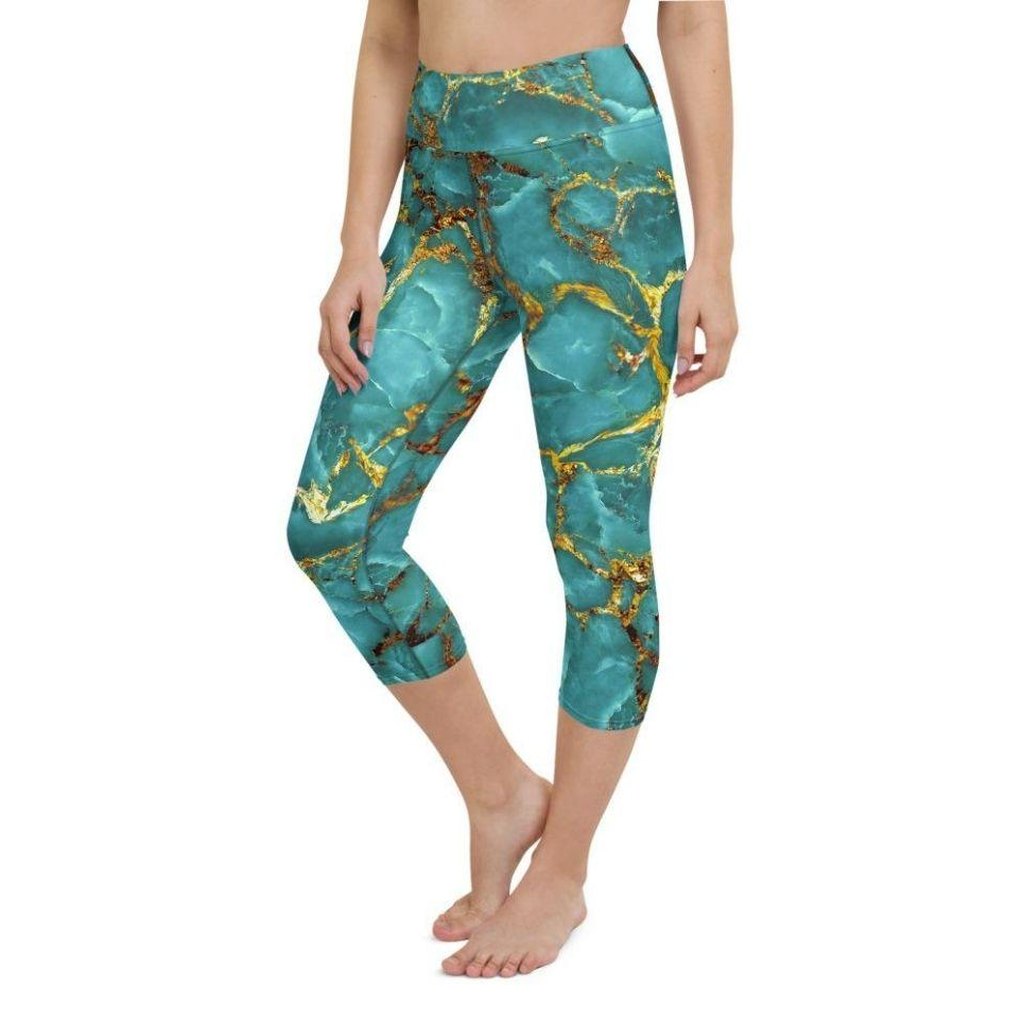 Turquoise & Gold Marble Yoga Capris