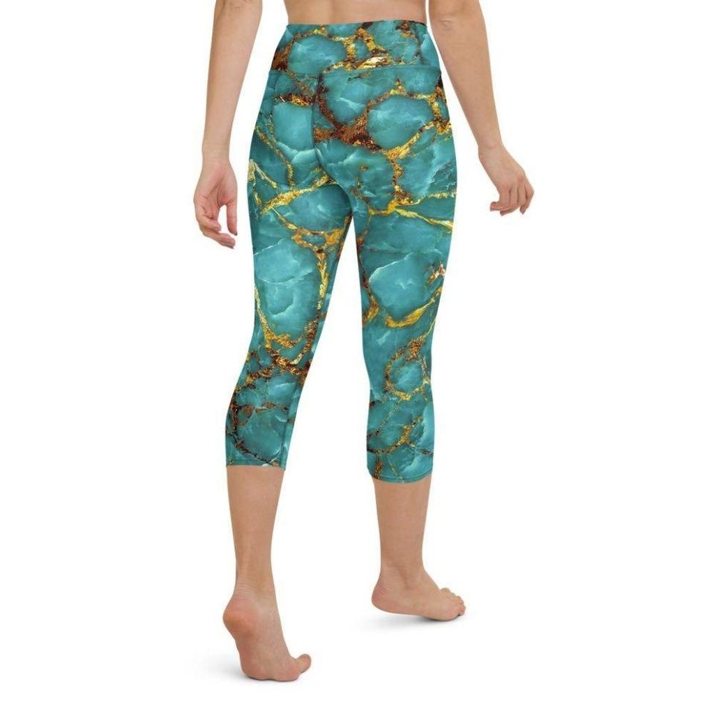 Turquoise & Gold Marble Yoga Capris