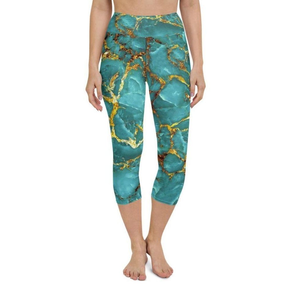 Turquoise & Gold Marble Yoga Capris