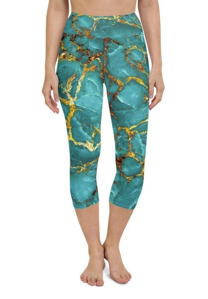 Turquoise & Gold Marble Yoga Capris