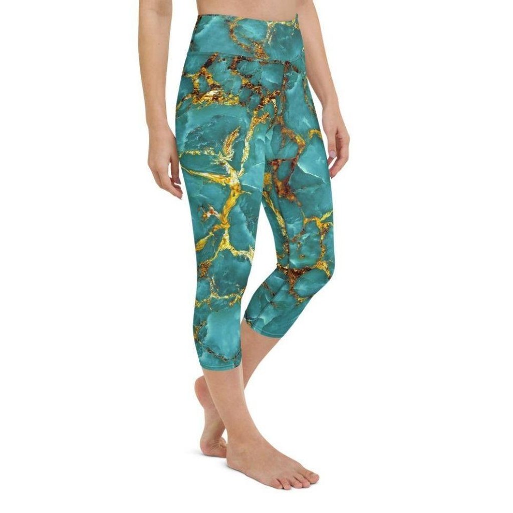 Turquoise & Gold Marble Yoga Capris