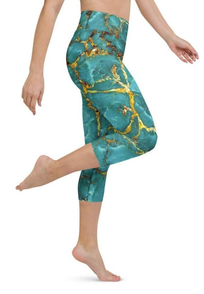 Turquoise & Gold Marble Yoga Capris