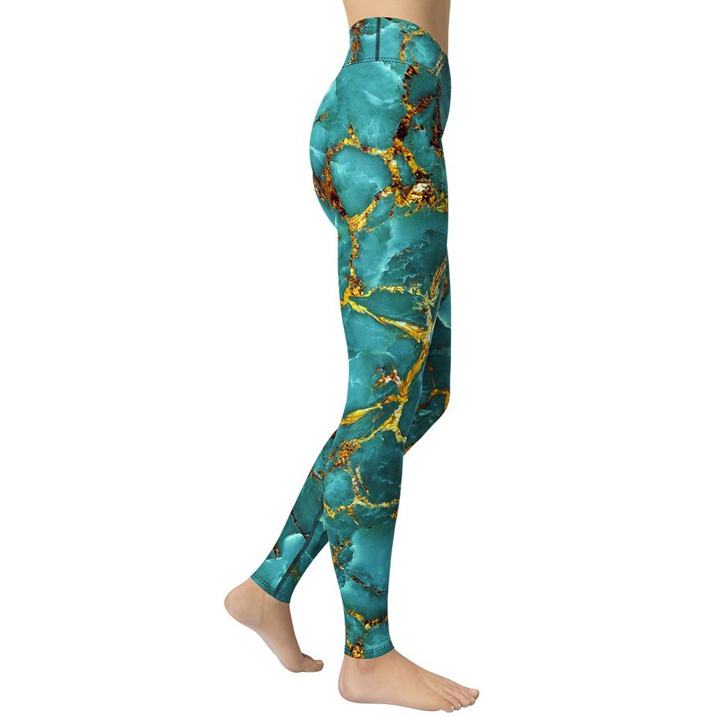 Turquoise & Gold Marble Yoga Leggings