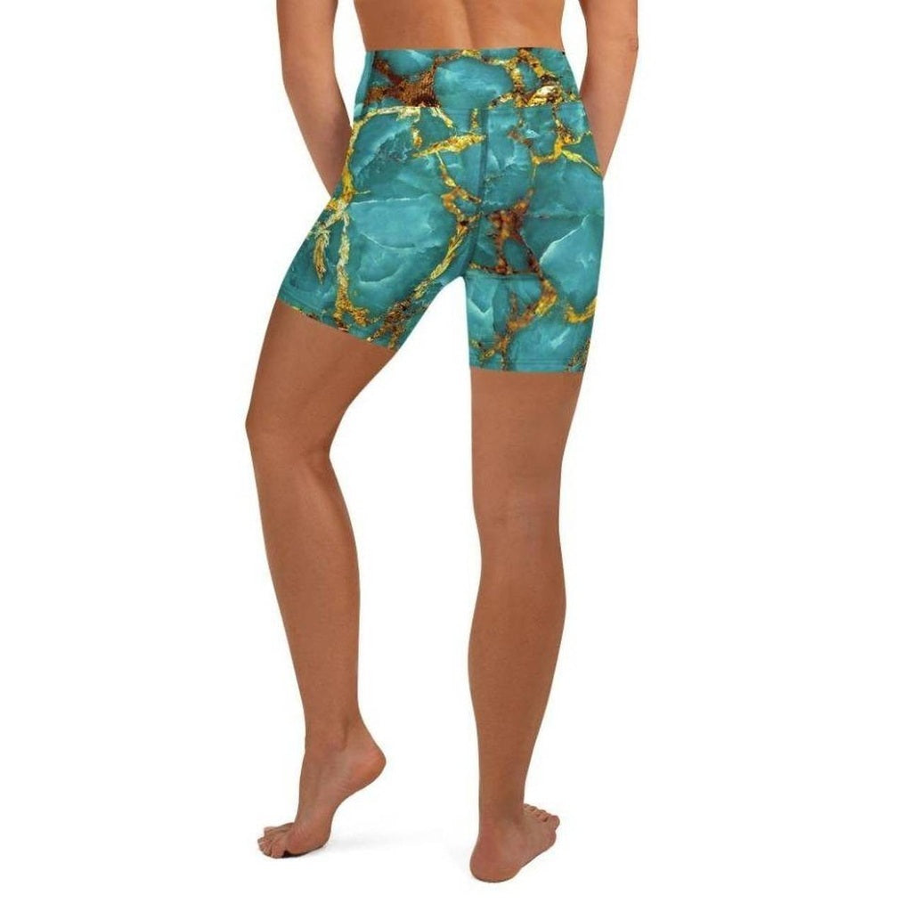 Turquoise & Gold Marble Yoga Shorts