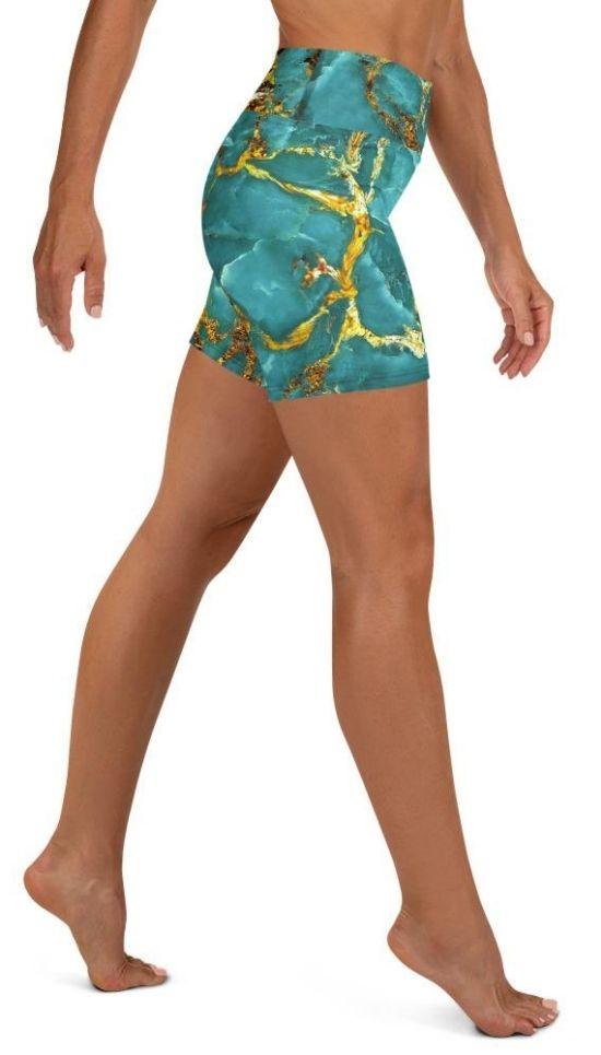 Turquoise & Gold Marble Yoga Shorts