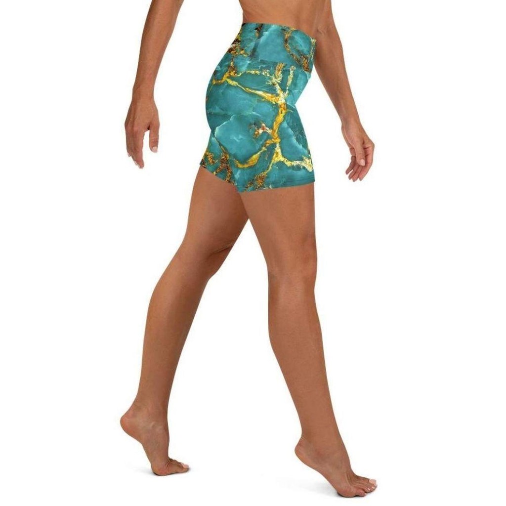 Turquoise & Gold Marble Yoga Shorts
