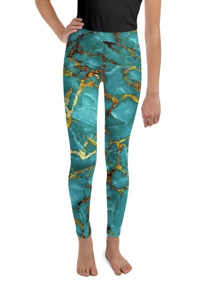 Turquoise & Gold Marble Youth Leggings