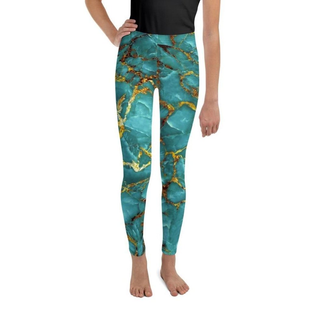 Turquoise & Gold Marble Youth Leggings