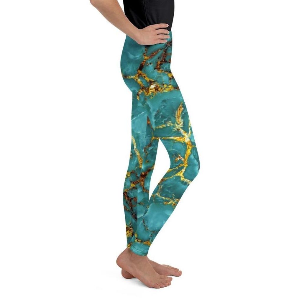 Turquoise & Gold Marble Youth Leggings