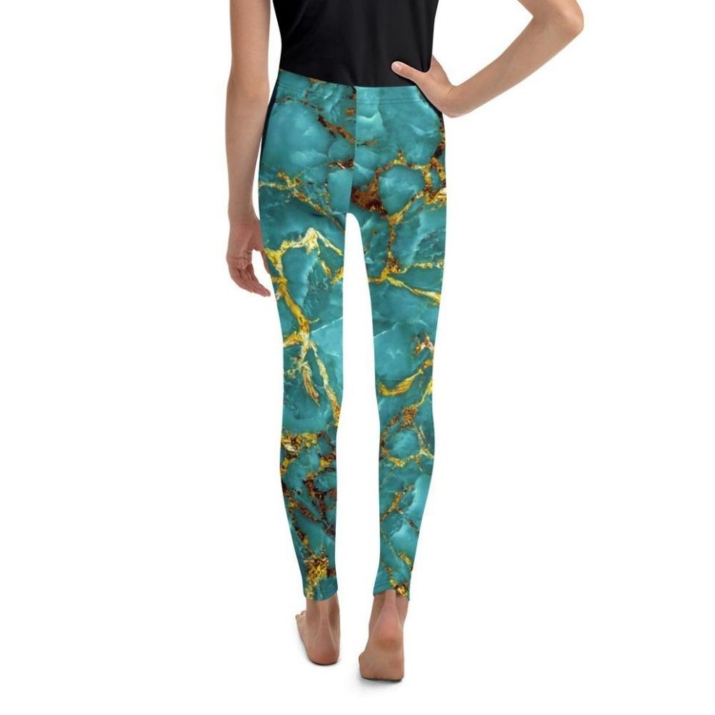 Turquoise & Gold Marble Youth Leggings
