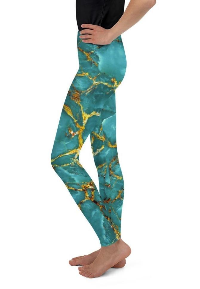 Turquoise & Gold Marble Youth Leggings